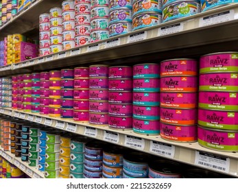 Mill Creek, WA USA - Circa July 2022: Wide Angle View Of A Variety Of Wet Canned Cat Food For Sale Inside A Pet Pros Shop.