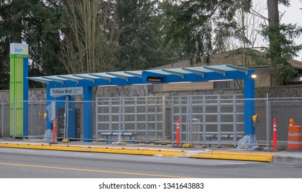 Mill Creek, WA / USA - March 14 2019: Snohomish County's Community Transit  Swift Green Line Bus Stop In Mill Creek Is Set To Open On March 24, 2019 At Noon.