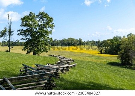 Mill Springs Battlefield National Monument in Kentucky. Canola flower and field with fence at Zollicoffer Park. Union won a significant victory early in the Civil War at the Battle of Mill Springs.
