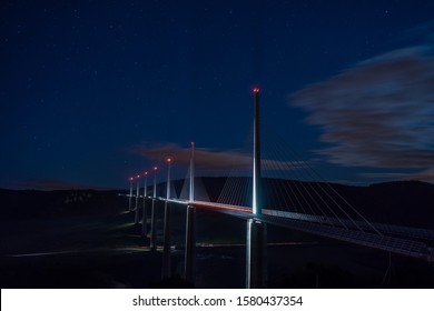 Millau Viaduct, Bridge In Fance. Night Scene