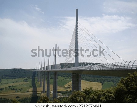 The Millau Viaduct, a multispan cable-stayed bridge completed in 2004 across the gorge valley of the Tarn near (west of) Millau in the Aveyron department in the Occitanie Region, in Southern France