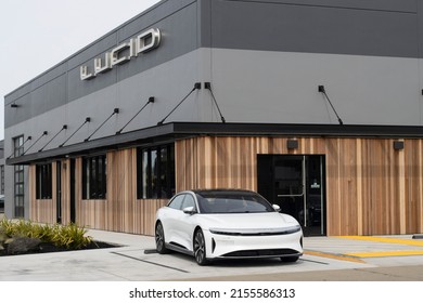 Millbrae, CA, USA - May 5, 2022: A Lucid Air Pre Production Electric Car Is Seen Outside A Lucid Showroom In Millbrae, California. Lucid Group, Inc. Is An EV Manufacturer Based In Newark, California.