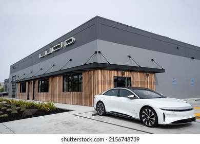 Millbrae, CA, USA - May 5, 2022: A Lucid Air Pre Production Electric Car Is Seen At A Lucid Showroom In Millbrae, California. Lucid Group, Inc. Is An EV Manufacturer Based In Newark, California.