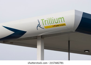 Millbrae, CA, USA - May 5, 2022: Trillium logo is seen at a Trillium CNG Station in Millbrae, California. Trillium, member of the Love's Family of Companies, develops an alternative fueling system.