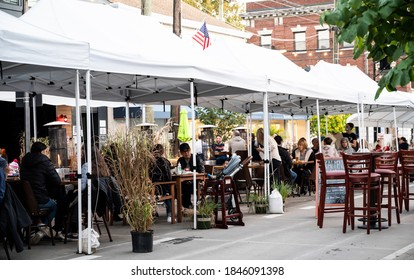 Millburn, New Jersey, USA - October 17, 2020: People Eating Outdoors During The Covid-19 Pandemic.