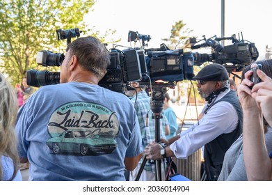 Millburn, New Jersey, USA - September 3, 2021: Camera Crew Covers Phil Murphy Press Conference In Downtown Millburn Post Tropical Storm IDA.