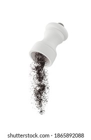 Milled black pepper falling from flying ceramic pepper shaker isolated on white