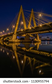 Millenium bridge in Kazan, reflected in the waters of the river Kazanka. Russia
