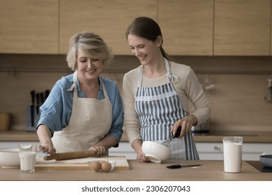 Millennial 35s woman prepare homemade pastries with mature 65s attractive mother wear aprons talking while cooking cake for family holiday in modern kitchen. Family recipe, natural products, cookery - Powered by Shutterstock