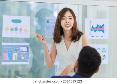 Millennial Asian professional successful businesswoman presenter in formal wears standing using presenting infographic paperworks documents on glass board in meeting room with  businessmangroup - Shutterstock ID 2364539123