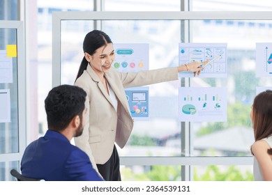 Millennial Asian professional successful businesswoman presenter in formal wears standing using presenting infographic paperworks documents on glass board in meeting room with  businessmangroup - Shutterstock ID 2364539131