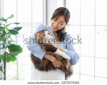 Millennial Asian young female owner standing smiling holding showing love playing with cute fat tabby long hair little domestic kitty furry purebred pussycat pet friend in arms in living room at home.