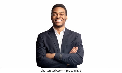 Millennial Entrepreneur. Confident Afro Man Crossing Arms, Standing Over White Studio Background. Panorama, Free Space