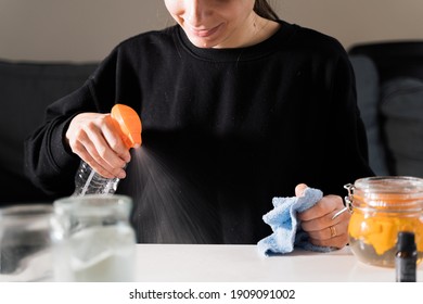 Millennial Girl Doing Diy Cleaning Spray At Home With Vinegar, Soda And Lemon. Zero Waste Sustainable Lifestyle. Environmentally Friendly Home. Spring Cleaning 