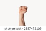 Millennial man raising his clenched fist up over light background, close up view. Panorama