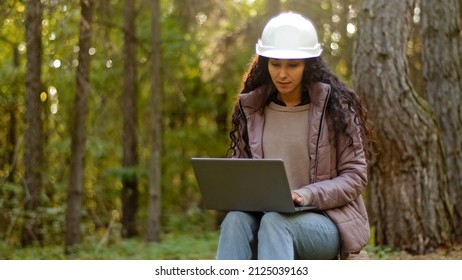 Millennial Woman Young Experienced Specialist Forestry Engineer Environmentalist Technician In Hardhat Checking Trees Entering Data Into Laptop Taking Reforestation Measures Observing Nature Reserve