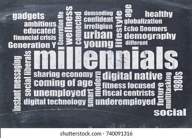 millennials generation word cloud on a vintage blackboard - demography concept