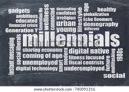 millennials generation word cloud on a vintage blackboard - demography concept