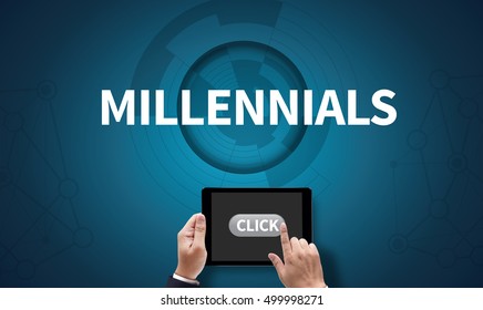 MILLENNIALS , on the tablet pc screen held by businessman hands - online, top view