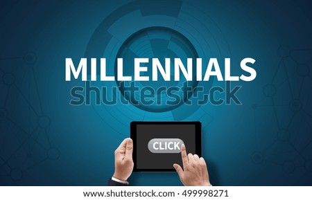 MILLENNIALS , on the tablet pc screen held by businessman hands - online, top view