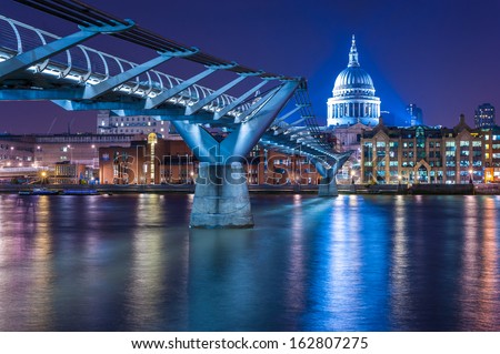 Millennium Bridge leading to Saint Paul's Cathedral in central London, UK. Aged photo. 