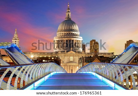 Millennium Bridge leads to Saint Paul's Cathedral in central London at night