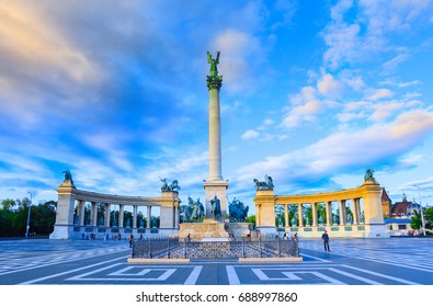 Millennium Monument on the Heroes' Square. Blurred-unrecognizable faces of people. Is one of the most-visited attractions in Budapest squares in Budapest, Hungary. - Powered by Shutterstock