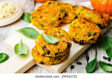 Millet Black Bean Pumpkin Burgers On A White Wood Background. The Toning. Selective Focus