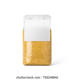 Millet groats in transparent plastic bag with white label isolated on white background. Packaging template mockup collection. With clipping Path included. Stand-up Front view.