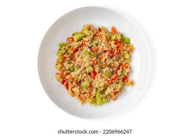 Millet Porridge With Vegetables. Balanced, Nutritious, Tasty And Nutritious Food. Ready-made Menu For A Restaurant Or For Delivery. Dish In A White Plate Isolated On A White Background.