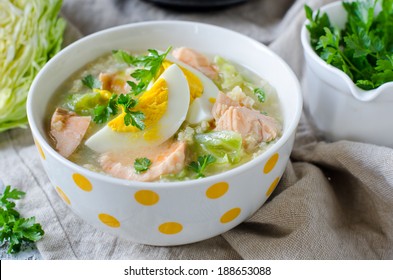 Millet Soup With Salmon And Young Cabbage