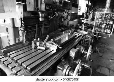 Milling machine. Machine control panel. Black-and-white photo.