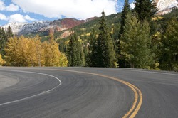 The Million Dollar Highway, Between Ouray And Silverton, CO Is Noted For Its Outstanding Fall Colors./Fall Aspens/This Road Is Also Known As The Swiss Alps Of The USA. The Valleys Are Low, Mts. High.