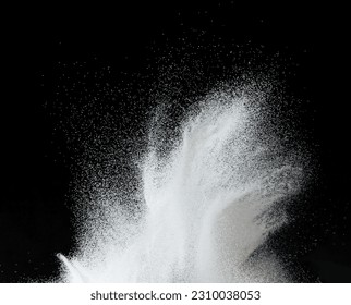 Million of white sand explosion, Photo image of falling down shower snow, heavy snows storm flying. Freeze shot on black background isolated overlay. Tiny Fine Salt sands as particle science