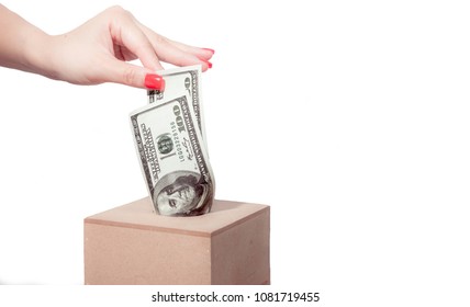 Millionaire Lifestyle Over Rich Concept . Hand Gorgeous Lady Use Money US $100 Dollar Bill Banknotes Instead Paper Napkin Or Kleenex On Wooden Box Tissue  . Independent Business Success 