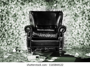 millionaire rich leather luxury seat on money banknote mountain background for rich man or money game concept