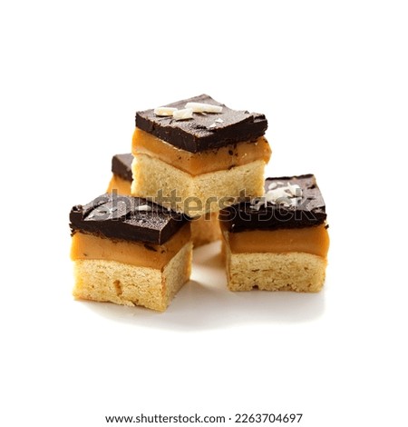 Millionaire's shortbread with chocolate and caramel isolated on white