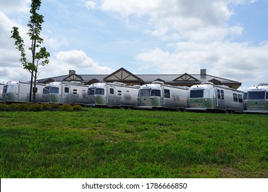 MILLSTONE, NJ -16 JUL 2020- View of aluminum Airstream RV trailers sold on the lot of the Colonial motorhomes dealership in Millstone Township, New Jersey, USA.