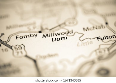 Millwodd Dam. Arkansas. USA On A Geography Map