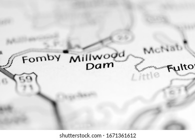 Millwodd Dam. Arkansas. USA On A Geography Map