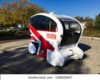 Milton Keynes, UK - 10 October 2018: A UKAutodrive Driverless Auto Drive Podzero Automatic Smart Self Driving Car Transportation System.