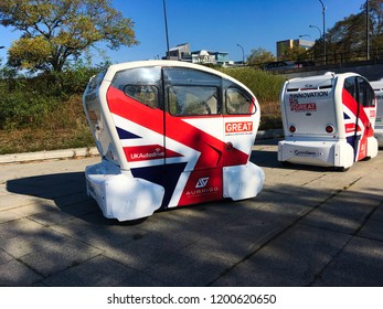 Milton Keynes, UK - 10 October 2018: A UKAutodrive Driverless Auto Drive Podzero Automatic Smart Self Driving Car Transportation System.