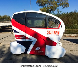 Milton Keynes, UK - 10 October 2018: A UKAutodrive Driverless Auto Drive Podzero Automatic Smart Self Driving Car Transportation System.