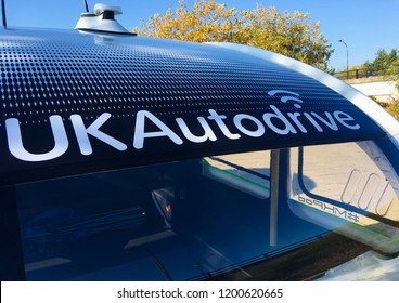 Milton Keynes, UK - 10 October 2018: A UKAutodrive Driverless Auto Drive Podzero Automatic Smart Self Driving Car Transportation System.