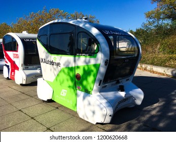 Milton Keynes, UK - 10 October 2018: A UKAutodrive Driverless Auto Drive Podzero Automatic Smart Self Driving Car Transportation System.