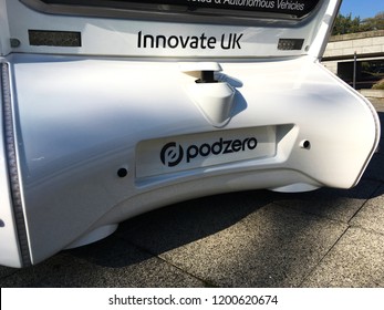 Milton Keynes, UK - 10 October 2018: A UKAutodrive Driverless Auto Drive Podzero Automatic Smart Self Driving Car Transportation System.