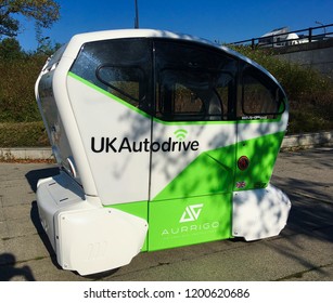 Milton Keynes, UK - 10 October 2018: A UKAutodrive Driverless Auto Drive Podzero Automatic Smart Self Driving Car Transportation System.