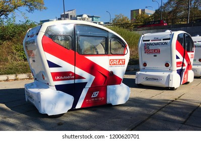 Milton Keynes, UK - 10 October 2018: A UKAutodrive Driverless Auto Drive Podzero Automatic Smart Self Driving Car Transportation System.