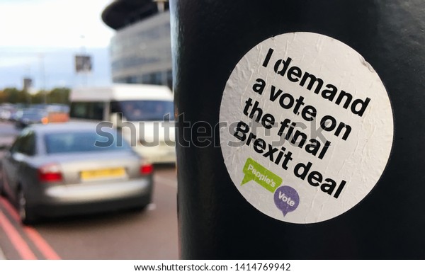Milton Keynes, UK - 7 October 2018: A pro remain\
anti brexit sign that reads \