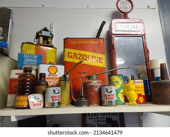 Milton, NS, CAN, 3.3.22 - A Shelf Filled With Old Gas Cans And Other Vintage Items.